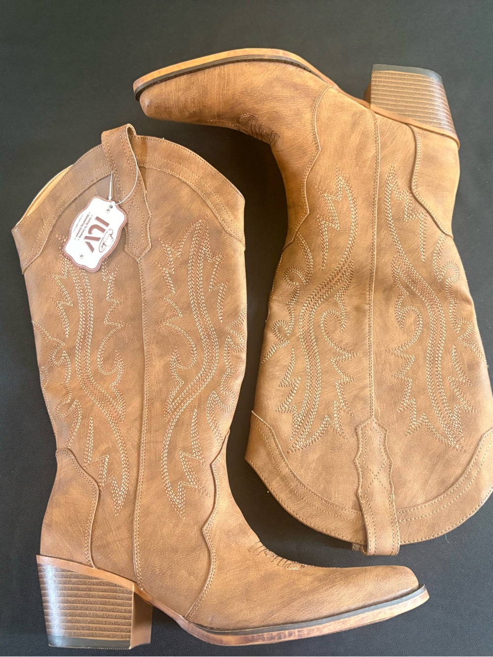 Tan Western Cowboy Boots - Embroidered Suede Pull-On